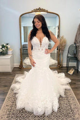 Beautiful Tulle Mermaid V-neck Lace Appliques Wedding Dresses, Bridal Gowns